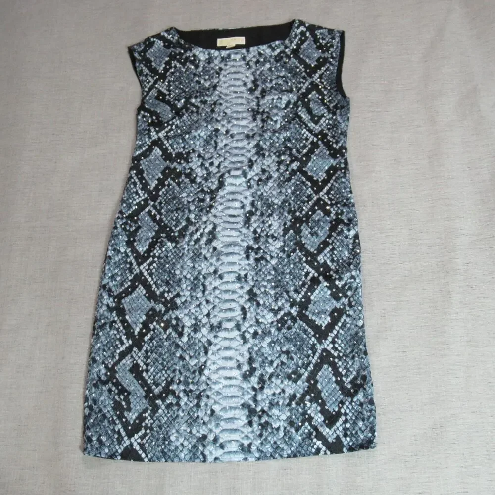 Michael Kors Dress Womens S Blue Gray Snake Skin Rhinestones Sleeveless Sheath